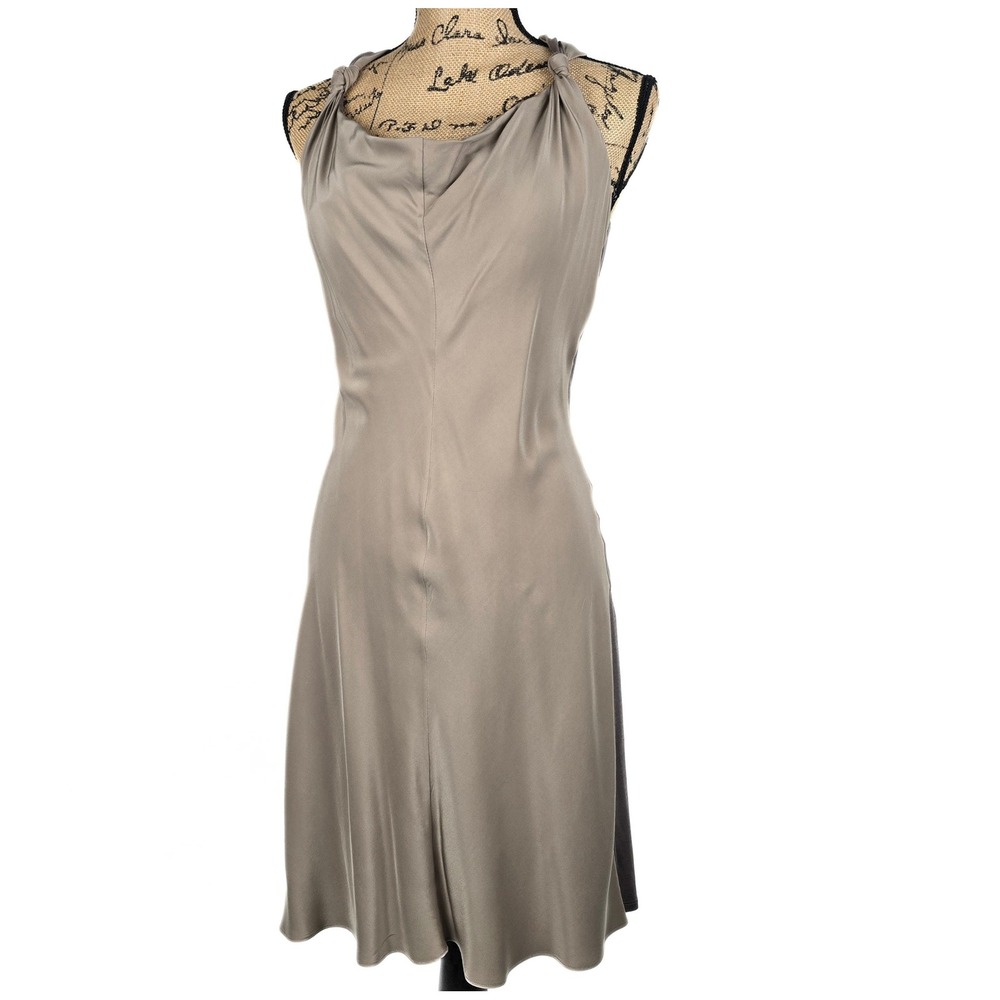 Sexy Banana Republic Silk Halter Dress Taupe Cowl Neck Knotted Racerback Size 6